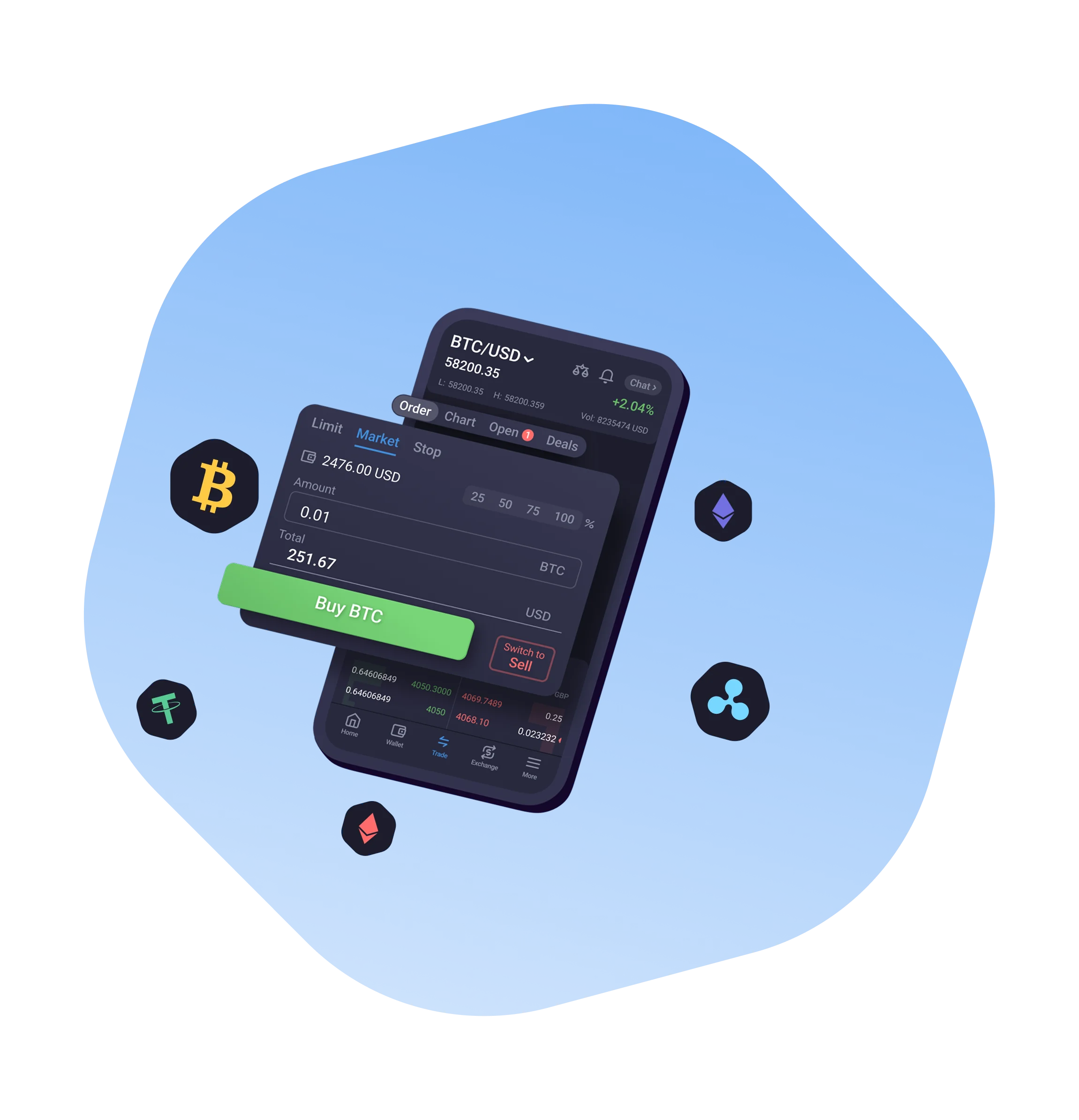 EXMO mobile app with coin icons