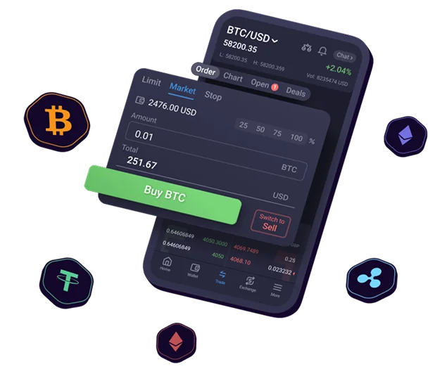 Phone with EXMO app and coin icons